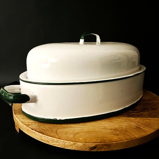 Vintage Enamel Roasting Pot White Green