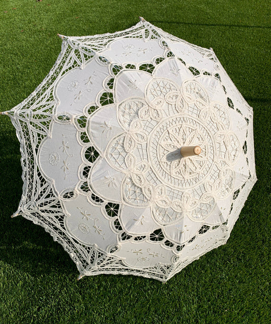 Cotton Victorian Lace and Fabric Parasol Beige